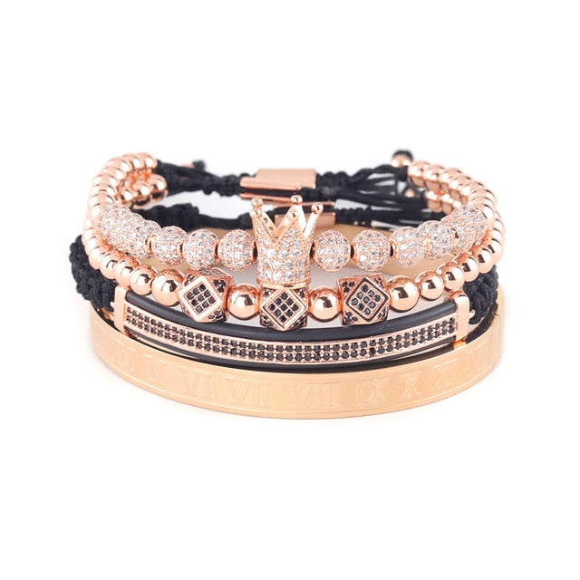 4pcs/Set Luxury Copper beads King Crown Men Bracelet Stainless steel bangle CZ Ball macrame bracelets & bangles for Men Jewelry