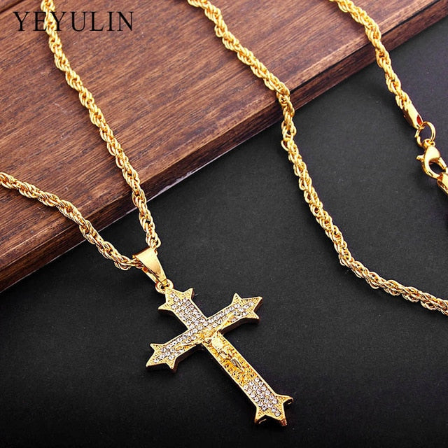 New Full Rhinestone Uzi Gun Cross Pendant Necklaces Long Cuban Link Chain Fashion Necklace For Unisex Hip Hop Jewelry