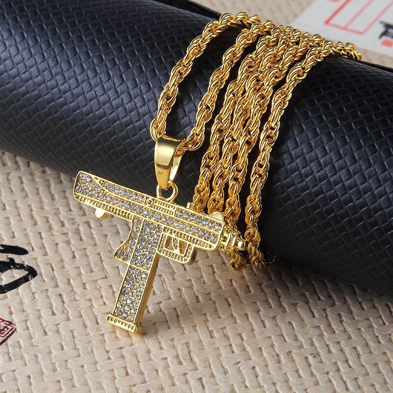 New Full Rhinestone Uzi Gun Cross Pendant Necklaces Long Cuban Link Chain Fashion Necklace For Unisex Hip Hop Jewelry