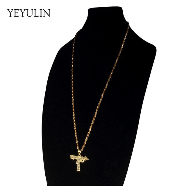 New Full Rhinestone Uzi Gun Cross Pendant Necklaces Long Cuban Link Chain Fashion Necklace For Unisex Hip Hop Jewelry