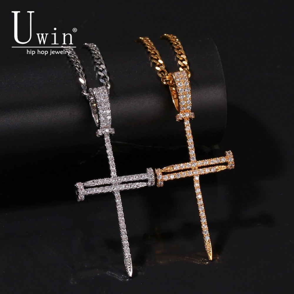 Nail Cross Pendant Copper Material AAA CZ Bling Iced Out Necklace Chain Micro Paved Men's Hiphop Jewelry