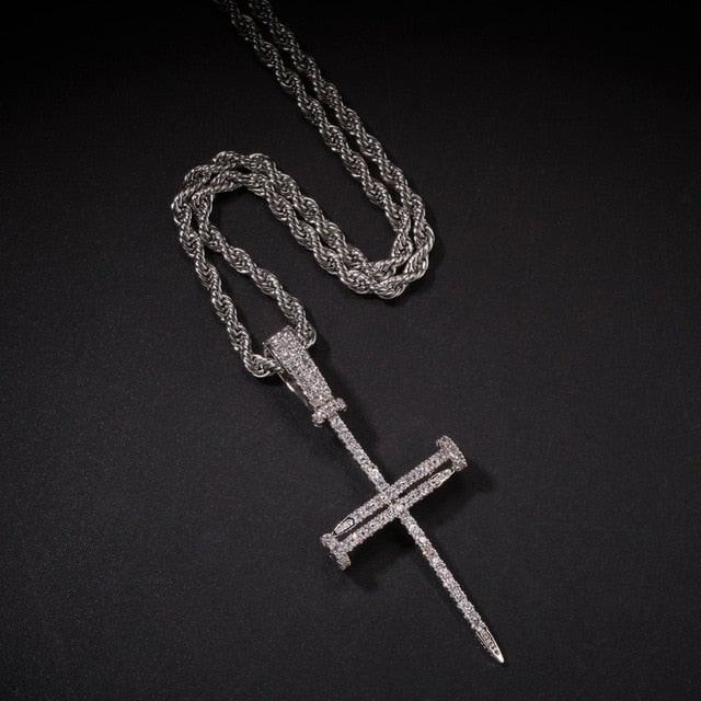 Nail Cross Pendant Copper Material AAA CZ Bling Iced Out Necklace Chain Micro Paved Men's Hiphop Jewelry